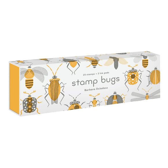 Stamp Bugs DIY kit featuring 25 unique insect stamps, accompanied by 2 vibrant ink pads. The beautifully illustrated packaging showcases various bug designs, perfect for crafting and creative projects.