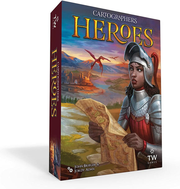 The game box for Cartographers Heroes by ThunderWorks Games features a beautifully illustrated cover showing a courageous knight holding a detailed map, with a lush landscape in the background and mythical creatures flying above. Ideal for strategy enthusiasts, this game invites players to explore and create unique maps.