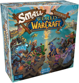 Small World of Warcraft board game by Days of Wonder, featuring vibrant artwork depicting various fantasy characters engaged in a colorful battle scene, with iconic game elements from the Warcraft universe. The box is adorned with the game's title and intricate details, highlighting the rich lore behind the game.