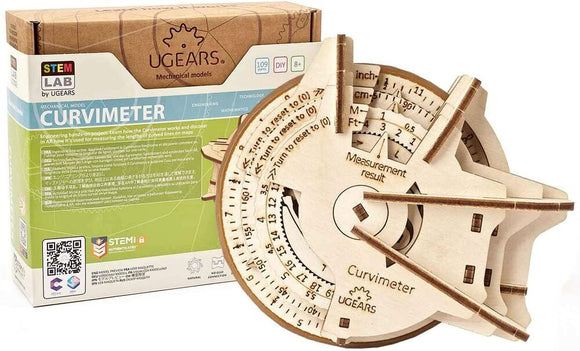 UGears 3D Curvimeter DIY mechanical model kit showcasing intricate wooden design with measurement scales. Ideal for educational STEM activities, it helps learn about curved line measurements on maps. Includes packaging details and branding.