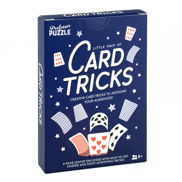 The Card Tricks game by Professor Puzzle features a blue box adorned with illustrations of playing cards and stars. The packaging highlights the creative card tricks included to amaze audiences, and mentions a 6-page leaflet with instructions and eight mystifying tricks. Suitable for ages 8 and up.
