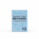 The Jewish Card Revoked game by Flying Leap Games features a light blue box adorned with symbols of Jewish culture. The title is prominently displayed in bold black letters, with a playful Star of David. The box description mentions it's a party game focusing on Jewish themes, including gefilte fish and guilt trips, making it suitable for gatherings and family fun.
