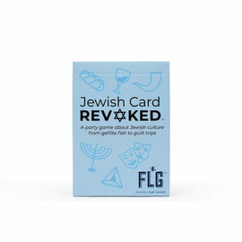 The Jewish Card Revoked game by Flying Leap Games features a light blue box adorned with symbols of Jewish culture. The title is prominently displayed in bold black letters, with a playful Star of David. The box description mentions it's a party game focusing on Jewish themes, including gefilte fish and guilt trips, making it suitable for gatherings and family fun.