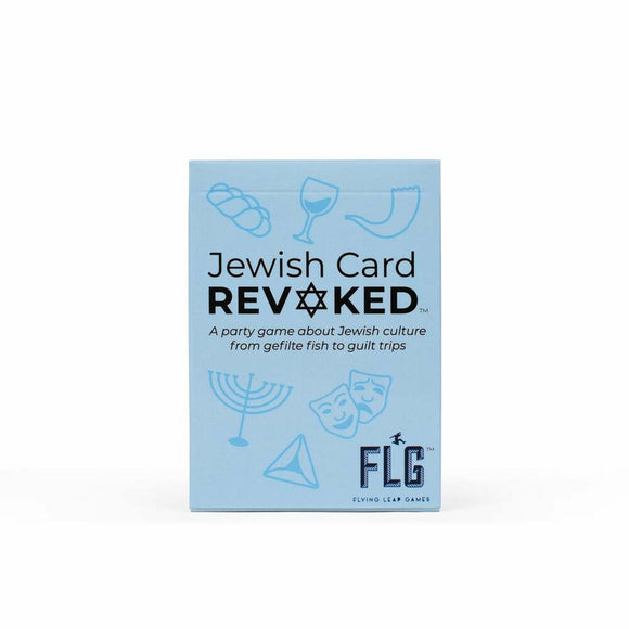 The Jewish Card Revoked game by Flying Leap Games features a light blue box adorned with symbols of Jewish culture. The title is prominently displayed in bold black letters, with a playful Star of David. The box description mentions it's a party game focusing on Jewish themes, including gefilte fish and guilt trips, making it suitable for gatherings and family fun.