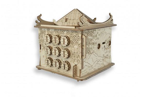 House of the Dragon mechanical puzzle by EscapeWelt, featuring intricate wooden designs, a multi-faceted cube shape with decorative elements, and various knobs for interaction.