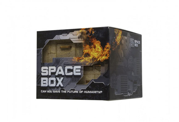The Space Box by EscapeWelt is a mechanical puzzle presented in an attractive and mysterious box design. The black box features stylized graphics and fiery elements, with the prominent title 'SPACE BOX' on the front. It poses an engaging question: 'Can you save the future of humanity?' This immersive puzzle challenges players to use their problem-solving skills to unlock the secrets of the box, making it an intriguing addition to any game collection.