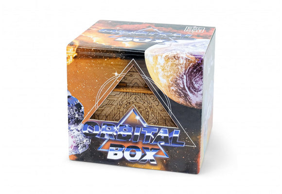The Orbital Box by EscapeWelt is a mechanical puzzle featuring a vibrant cosmic-themed design. The box’s exterior showcases an interstellar scene with planets and stars, emphasizing its intriguing puzzle nature. Its prominent triangular symbol invites enthusiasts to engage in a challenging yet rewarding experience.
