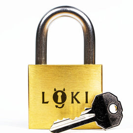 Loki Lock Puzzle by Puzzlocks features a shiny brass padlock with a distinct logo and a black key, designed to challenge your problem-solving skills through a mechanical puzzle format.