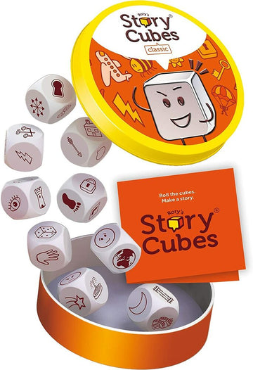 Rory's Story Cubes Eco-Blister by Zygomatic, featuring a vibrant yellow tin with a smiling character. The tin includes dice with various iconic illustrations, a rule card, and an assortment of dice displayed around the tin, promoting creativity and storytelling.