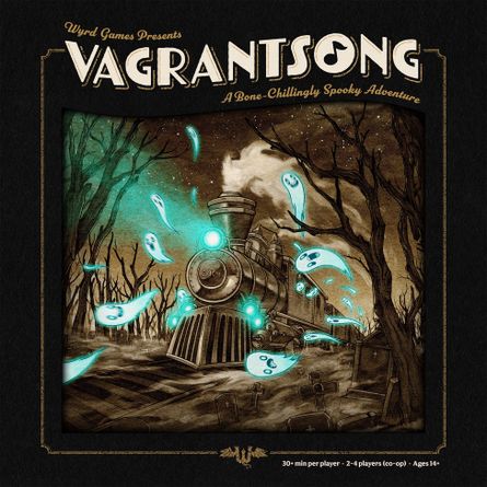 Vagrantsong board game by WYRD MINIATURES featuring a haunting illustration of a spooky train surrounded by ghostly figures in a dark forest setting. The artwork includes eerie blues and browns, setting a chilling atmosphere for a cooperative adventure game designed for 2-4 players aged 18 and up, with a playtime of approximately 30 minutes per player.