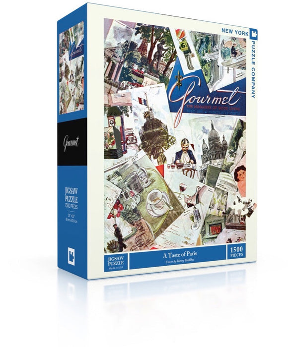 A Taste of Paris Gourmet Puzzle featuring a collage of vintage illustrations inspired by Parisian cuisine and landmarks. The box displays vibrant imagery showcasing various iconic scenes, ideal for puzzle lovers. This jigsaw puzzle consists of 1500 pieces, promoting creativity and relaxation as you piece together this scene of culinary delights and Parisian charm.