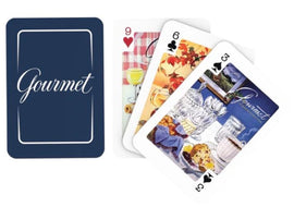 Gourmet Poker Sized Playing Cards by New York Puzzle Company featuring vibrant illustrated cards showcasing gourmet food and drinks, with a navy blue Gourmet branded card in the background.