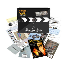 Murder Noir Case Files game by University Games featuring a stylish black box with the title on top. Surrounding the box are various cards and documents related to crime scenes, evidence, and character sketches, inviting players to solve a thrilling murder mystery.