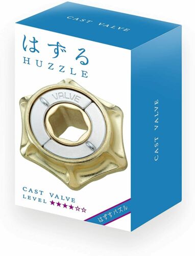 The Cast Valve mechanical puzzle by Hanayama features a shiny, intricately designed golden valve shape with an interior hexagonal opening, packaged in a vibrant blue and white box. The box displays the product name 'CAST VALVE' and a difficulty level of four stars, indicating its challenging nature for puzzle enthusiasts.