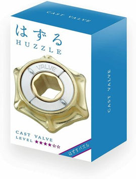 The Cast Valve mechanical puzzle by Hanayama features a shiny, intricately designed golden valve shape with an interior hexagonal opening, packaged in a vibrant blue and white box. The box displays the product name 'CAST VALVE' and a difficulty level of four stars, indicating its challenging nature for puzzle enthusiasts.