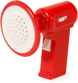 A close-up image of a small, red plastic voice changer, featuring a white speaker grill and a switch to change voice sounds. Ideal for playful entertainment.