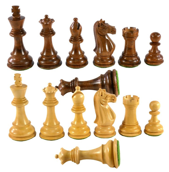 A set of beautifully crafted chess pieces featuring a 3.75-inch king with a Chevalier knight. The set includes various pieces in two colors: warm brown and light cream. The intricate designs showcase the elegance of traditional chess. Each piece is meticulously shaped and polished, making it perfect for both collectors and casual players.