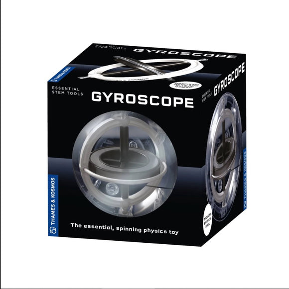 Thames & Kosmos Gyroscope product packaging featuring a circular gyroscope toy housed within a clear spherical casing. The box is adorned with bold text that emphasizes its use as an essential spinning physics toy, making it ideal for STEM learning. The overall design highlights the scientific nature of the product and its appeal to young learners interested in physics.
