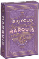 A stylish Bicycle Marquis playing card deck in a luxurious purple box adorned with intricate gold designs. The front displays the word 'MARQUIS' prominently, indicating a high-quality card game for all occasions.