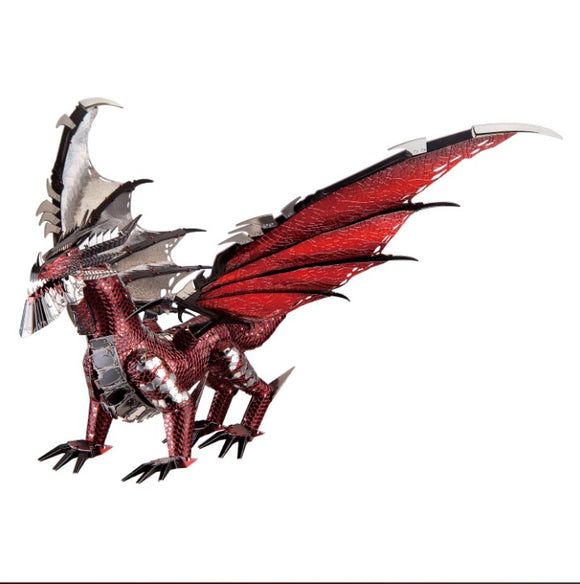 The Black Dragon by Piececool, a stunning red and silver DIY model kit showcasing intricate details such as textured scales, sharp claws, and expansive wings, perfect for hobbyists and dragon enthusiasts.