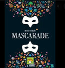 Mascarade 2nd edition game box featuring colorful illustrations of various items and two white masquerade masks. The game title is prominently displayed in bold letters, with the designer's name, Bruno Faidutti, included. The background is dark, enhancing the vivid graphics surrounding the title.