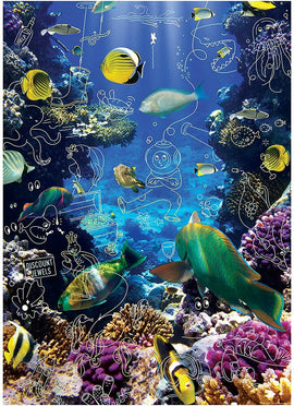 A vibrant underwater scene featuring colorful fish and coral, with whimsical doodles scattered throughout. The jigsaw puzzle titled 'Swap Meet Under the Sea' by FRED Distribution Inc. showcases marine life and playful illustrations, providing a captivating challenge for puzzle enthusiasts.