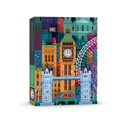 Vibrant jigsaw puzzle titled 'London' by FRED Distribution Inc., featuring iconic landmarks such as Big Ben, the London Eye, and colorful cityscape details. The puzzle box showcases a stunning illustration capturing the essence of London with a mix of historical and modern architectural features.