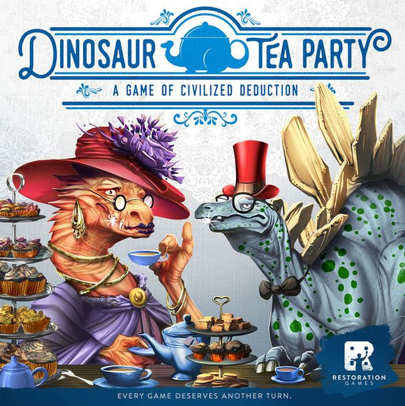 Cover image for Dinosaur Tea Party, a board game by Restoration Games. Features two anthropomorphized dinosaurs, one wearing a purple hat with flowers and a pearl necklace, and the other wearing a red top hat and monocle. They are surrounded by a tiered stand filled with pastries and cups of tea, set in an elegant tea party atmosphere.