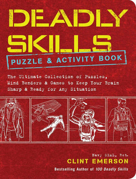 Cover of the 'Deadly Skills Puzzle & Activity Book' featuring a bold red background with illustrations of various survival skills and a prominent title. The book promises a collection of puzzles, mind benders, and activities designed to enhance critical thinking and preparedness in any situation.