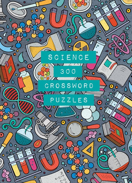 A vibrant and colorful illustration featuring various science-related elements such as test tubes, a microscope, and chemistry symbols, with the title 'Science 300 Crossword Puzzles' prominently displayed in bold teal text.