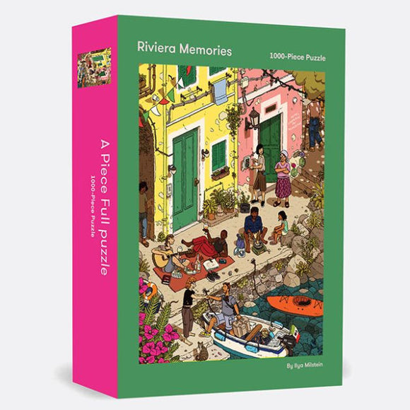 Riviera Memories jigsaw puzzle featuring a vibrant and detailed illustration set in the Riviera. The artwork depicts people enjoying leisure activities, colorful buildings, greenery, and a scenic canal, inviting both relaxation and creativity as you piece together 1000 unique puzzle pieces.