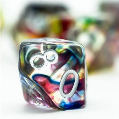 A close-up view of the Northern Lights RPG Dice Set by Foam Brain, showcasing a colorful, translucent dice with swirling patterns of blue, green, yellow, and red hues. The dice features shiny metallic numbers, emphasizing its vibrant design, perfect for role-playing games.