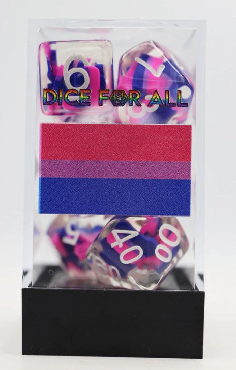A colorful set of RPG dice featuring shades of pink, purple, and blue, representing the bisexual pride flag. The set includes several polyhedral dice placed in a clear plastic package with a black base, labeled 'DICE FOR ALL.' The dice display numbers in the same vibrant colors as the flag, emphasizing inclusivity and support for the bisexual community.