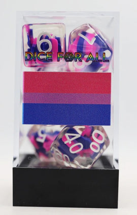 A colorful set of RPG dice featuring shades of pink, purple, and blue, representing the bisexual pride flag. The set includes several polyhedral dice placed in a clear plastic package with a black base, labeled 'DICE FOR ALL.' The dice display numbers in the same vibrant colors as the flag, emphasizing inclusivity and support for the bisexual community.