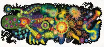 A vibrant jigsaw puzzle titled 'Half Life' by Bruce Riley, featuring a colorful abstract design filled with intricate shapes and patterns, highlighting swirling organic forms, glowing colors, and an enchanting interplay of light and texture. The edges are beautifully crafted with distinct laser-cut finishes, showcasing the artistic and creative aspect of the puzzle.