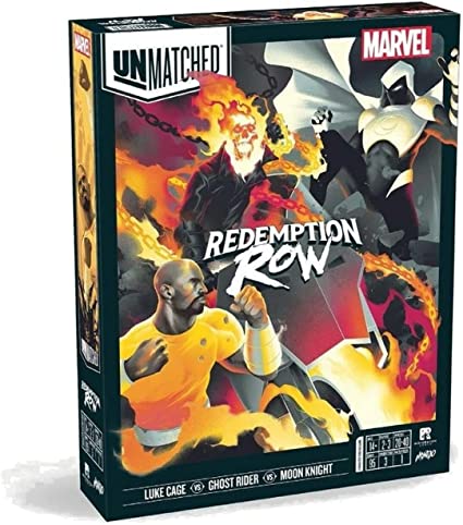 The Unmatched: Marvel Redemption Row game box features vibrant artwork showcasing characters like Luke Cage, Ghost Rider, and Moon Knight in an action-packed scene. The box is designed with a dynamic background of flames and dark shadows, emphasizing the intense comic book style of the game. Perfect for strategy and Marvel fans alike, the packaging highlights its multiplayer gameplay.