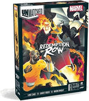 The Unmatched: Marvel Redemption Row game box features vibrant artwork showcasing characters like Luke Cage, Ghost Rider, and Moon Knight in an action-packed scene. The box is designed with a dynamic background of flames and dark shadows, emphasizing the intense comic book style of the game. Perfect for strategy and Marvel fans alike, the packaging highlights its multiplayer gameplay.