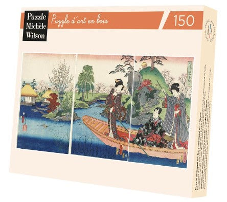 The Boat jigsaw puzzle by Wilson Jeux featuring a serene landscape scene with traditional figures on a boat. This puzzle consists of 150 wooden pieces and showcases intricate artwork of nature and culture, making it a perfect choice for both puzzle enthusiasts and art lovers.