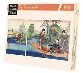 The Boat jigsaw puzzle by Wilson Jeux featuring a serene landscape scene with traditional figures on a boat. This puzzle consists of 150 wooden pieces and showcases intricate artwork of nature and culture, making it a perfect choice for both puzzle enthusiasts and art lovers.