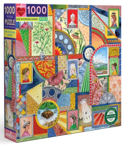 The Eeboo UFO Victorian Ladies jigsaw puzzle features a colorful and intricate box design, showcasing various artistic illustrations of Victorian women, stylized landscapes, and abstract patterns. The packaging indicates that it contains 1000 pieces and promotes its recycled materials. Ideal for puzzle enthusiasts and fans of unique art.