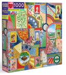 The Eeboo UFO Victorian Ladies jigsaw puzzle features a colorful and intricate box design, showcasing various artistic illustrations of Victorian women, stylized landscapes, and abstract patterns. The packaging indicates that it contains 1000 pieces and promotes its recycled materials. Ideal for puzzle enthusiasts and fans of unique art.
