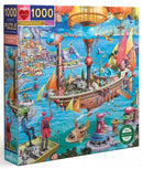 A visually striking jigsaw puzzle titled 'Steampunk Airship' by Eeboo, featuring a fantastical scene of a colorful airship sailing over a vibrant ocean landscape filled with whimsical buildings, floating islands, and various fantastical elements. The box displays a 1000 piece count with a captivating illustration, ideal for puzzle enthusiasts and steampunk fans. Made from recycled materials, packaging showcases eco-friendly commitments.