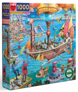 A visually striking jigsaw puzzle titled 'Steampunk Airship' by Eeboo, featuring a fantastical scene of a colorful airship sailing over a vibrant ocean landscape filled with whimsical buildings, floating islands, and various fantastical elements. The box displays a 1000 piece count with a captivating illustration, ideal for puzzle enthusiasts and steampunk fans. Made from recycled materials, packaging showcases eco-friendly commitments.