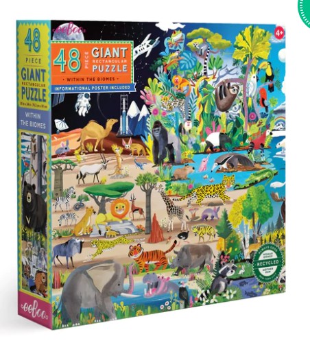 Colorful box of the 'Within the Biome' 48-piece jigsaw puzzle by Eeboo, featuring vibrant illustrations of various animals in diverse ecosystems. The design showcases wildlife like elephants, gorillas, and tropical plants, with a label indicating it includes an informational poster. The packaging emphasizes its giant pieces suitable for children aged 4 and up, and highlights that it is made from recycled materials.