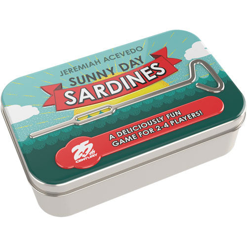 A colorful metal tin featuring the game 'Sunny Day Sardines' by 25th Century Games. The tin is adorned with playful graphics, including a yellow fishing pole and the game title in bold lettering. It emphasizes that it's a fun game for 2-4 players, making it perfect for family and friends gatherings.