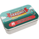 A colorful metal tin featuring the game 'Sunny Day Sardines' by 25th Century Games. The tin is adorned with playful graphics, including a yellow fishing pole and the game title in bold lettering. It emphasizes that it's a fun game for 2-4 players, making it perfect for family and friends gatherings.
