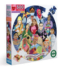 Eeboo's International Women's Day 500-piece jigsaw puzzle featuring a vibrant, round design that celebrates women's achievements. The artwork shows diverse women in various professions and activities, including scientists, artists, and health workers, set against a starry background. The puzzle emphasizes empowerment and unity, making it perfect for inspiring teamwork among family and friends.