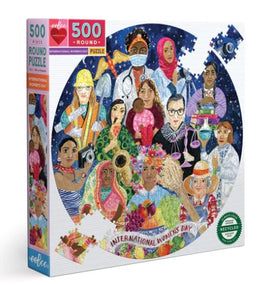 Eeboo's International Women's Day 500-piece jigsaw puzzle featuring a vibrant, round design that celebrates women's achievements. The artwork shows diverse women in various professions and activities, including scientists, artists, and health workers, set against a starry background. The puzzle emphasizes empowerment and unity, making it perfect for inspiring teamwork among family and friends.