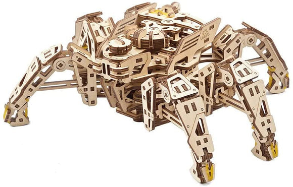 The Ugears 3D Hexapod Explorer is a detailed DIY mechanical model kit, designed to resemble a robotic spider. It features intricately cut wooden parts, showcasing a complex structure with a gear mechanism for movement, and legs designed for stability and mobility. Ideal for engineering enthusiasts and model builders, this kit offers a hands-on experience and a visually striking finished product.