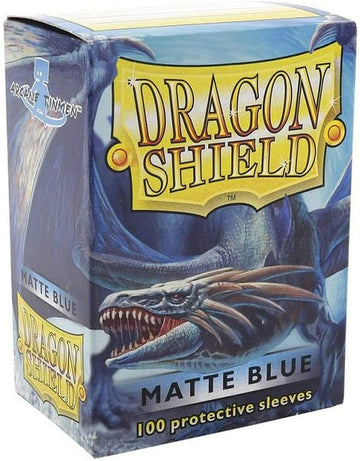 Dragon Shields box featuring 100 matte black protective sleeves for trading cards. The packaging showcases a fierce dragon design, enhancing appeal for gamers.